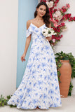 A Line Off the Shoulder Blue Floral Print Long Bridesmaid Dress