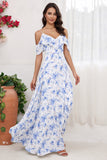 Blue Floral Print A Line Off the Shoulder Long Bridesmaid Dress