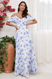 Blue Floral Print A Line Off the Shoulder Long Bridesmaid Dress