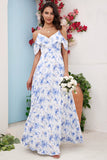 Blue Floral Print A Line Off the Shoulder Long Bridesmaid Dress