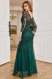 Dark Green Long Sleeves Beading Formal Evening Party Dress