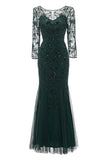 Dark Green Long Sleeves Beading Formal Evening Party Dress