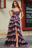 Black Pink A Line Off the Shoulder Long Tiered Prom Dress With Slit