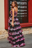 Black Pink A Line Off the Shoulder Long Tiered Prom Dress With Slit