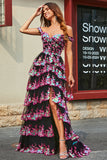 Black Pink A Line Off the Shoulder Long Tiered Prom Dress With Slit