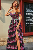 Black Pink A Line Off the Shoulder Long Tiered Prom Dress With Slit