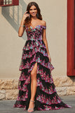 Black Pink A Line Off the Shoulder Long Tiered Prom Dress With Slit