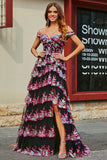 Black Pink A Line Off the Shoulder Long Tiered Prom Dress With Slit