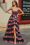 Black Pink A Line Off the Shoulder Long Tiered Prom Dress With Slit