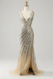 Mermaid Deep V Neck Golden Beading Long Prom Dress with Split Front