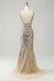 Mermaid Deep V Neck Golden Beading Long Prom Dress with Split Front