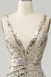 Mermaid Deep V Neck Golden Beading Long Prom Dress with Split Front