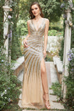 Mermaid Deep V Neck Golden Beading Long Prom Dress with Split Front