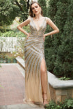 Mermaid Deep V Neck Golden Beading Long Prom Dress with Split Front