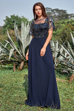 Navy Appliques Sequin Mother of Bride Dress