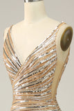 Sheath V Neck Golden Sequins Long Prom Dress with Open Back