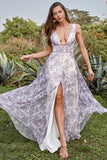 Ivory Purple A Line V-Neck Floral Printed Floor-Length Formal Dress With Slit