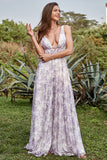 Ivory Purple A Line V-Neck Printed Wedding Guest Dress With Slit