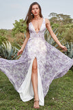 Ivory Purple A Line V-Neck Printed Wedding Guest Dress With Slit