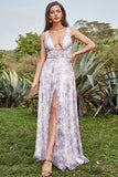 Ivory Purple A Line V-Neck Floral Printed Floor-Length Formal Dress With Slit