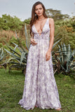 Ivory Purple A Line V-Neck Floral Printed Floor-Length Formal Dress With Slit