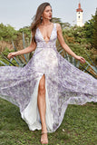 Ivory Purple A Line V-Neck Floral Printed Floor-Length Formal Dress With Slit