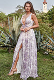 Ivory Purple A Line V-Neck Floral Printed Floor-Length Formal Dress With Slit