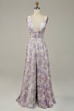 Ivory Purple A Line V-Neck Floral Printed Floor-Length Formal Dress With Slit