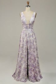 Ivory Purple A Line V-Neck Printed Wedding Guest Dress With Slit