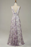 Ivory Purple A Line V-Neck Floral Printed Floor-Length Formal Dress With Slit