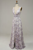 Ivory Purple A Line V-Neck Printed Wedding Guest Dress With Slit