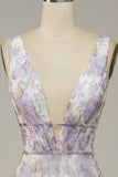 Ivory Purple A Line V-Neck Floral Printed Floor-Length Formal Dress With Slit