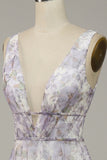 Ivory Purple A Line V-Neck Printed Wedding Guest Dress With Slit