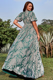 Green A Line V Neck Burnout Velvet Wedding Guest Dress with Short Sleeves