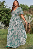 Green A Line V Neck Burnout Velvet Wedding Guest Dress with Short Sleeves