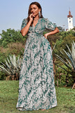 Green A Line V Neck Burnout Velvet Wedding Guest Dress with Short Sleeves