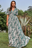 Green A Line V Neck Burnout Velvet Wedding Guest Dress with Short Sleeves