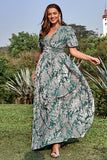 Green A Line V Neck Burnout Velvet Wedding Guest Dress with Short Sleeves