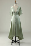 Dusty Sage Satin V-Neck Tea Length Bridesmaid Dress with Buttons