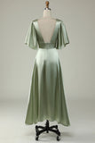 Dusty Sage Satin V-Neck Tea Length Bridesmaid Dress with Buttons