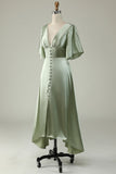 Dusty Sage Satin V-Neck Tea Length Bridesmaid Dress with Buttons