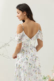 A Line Off the Shoulder Blue Floral Print Long Bridesmaid Dress