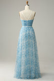 Blue A Line Spaghetti Straps Floral Print Tulle Floor Length Bridesmaid Dress