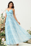 Blue A Line Spaghetti Straps Floral Print Tulle Floor Length Bridesmaid Dress