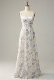 A Line Spaghetti Straps Purple Floral Bridesmaid Dress with Bow