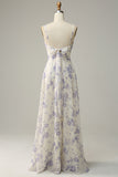 A Line Spaghetti Straps Purple Floral Bridesmaid Dress with Bow