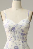 A Line Spaghetti Straps Purple Floral Bridesmaid Dress with Bow