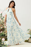 White Blue Flower A Line Halter Backless Ruched Chiffon Bridesmaid Dress