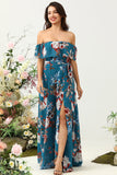 Dark Blue Floral Boho Chiffon A-Line Bridesmaid Dress with Slit