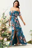 Dark Blue Floral Boho Chiffon A-Line Bridesmaid Dress with Slit